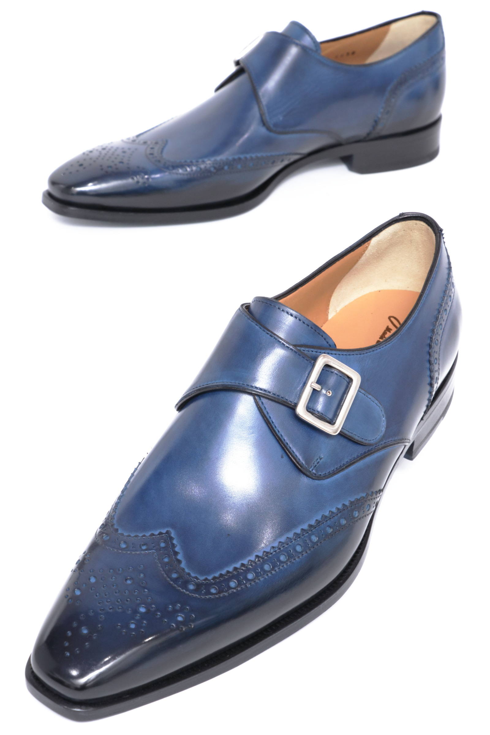 Francesco Benigno ラスト1点 ウイングチップ シングルモンクストラップ レザーシューズ 革靴 ブルー Bekku Homme