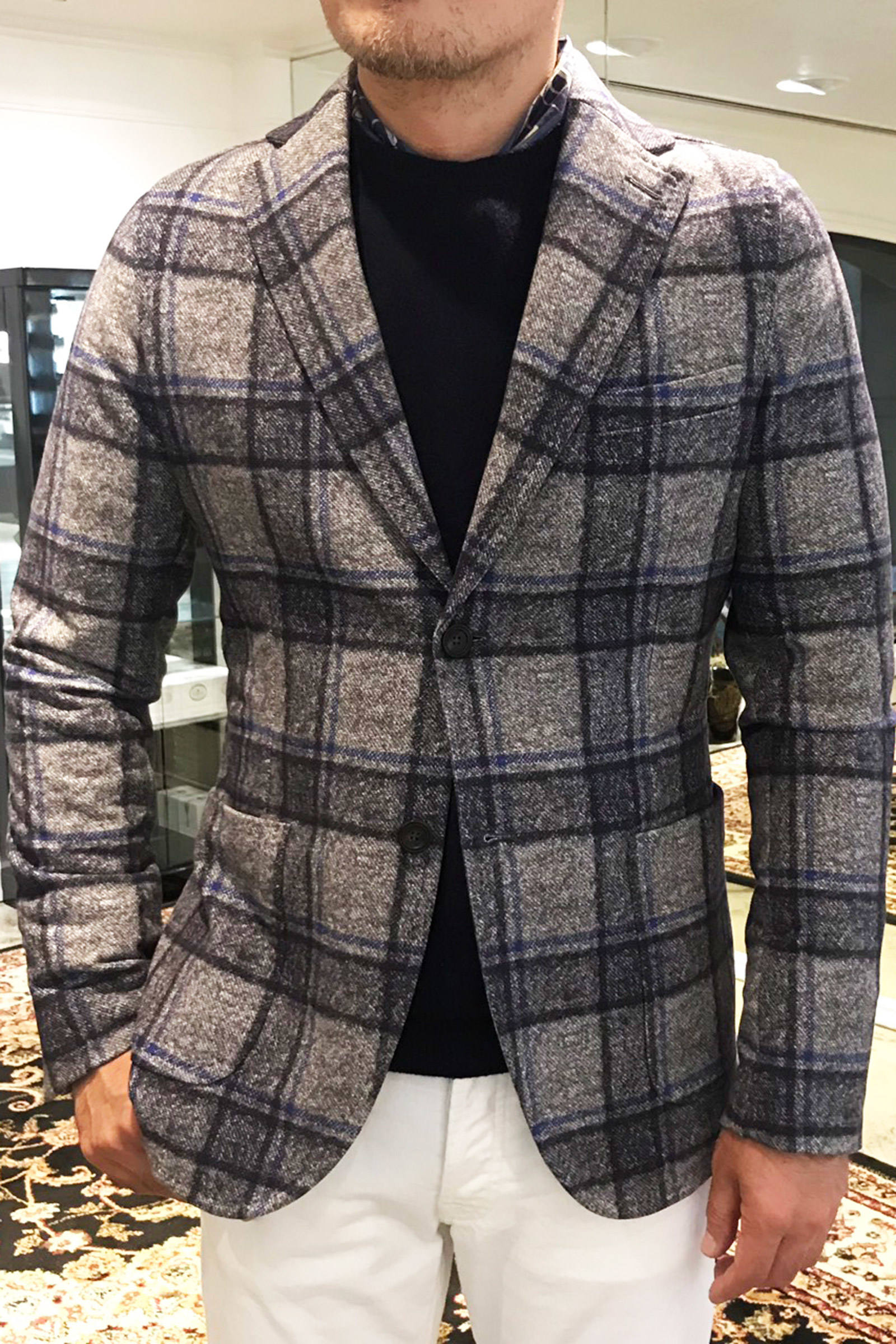 Circolo 1901 ラスト1点 カシミアタッチフリース ジャージ生地 チェック コットン 2b シングルジャケット ブラック グレー Bekku Homme